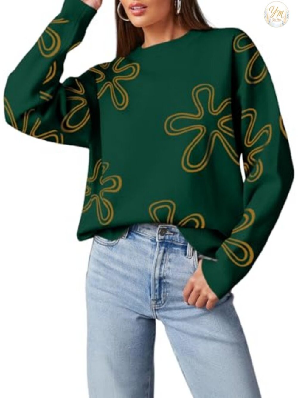 Dokotoo Womens Floral Cable Knit Sweater Crew Neck Long Sleeve Pullover